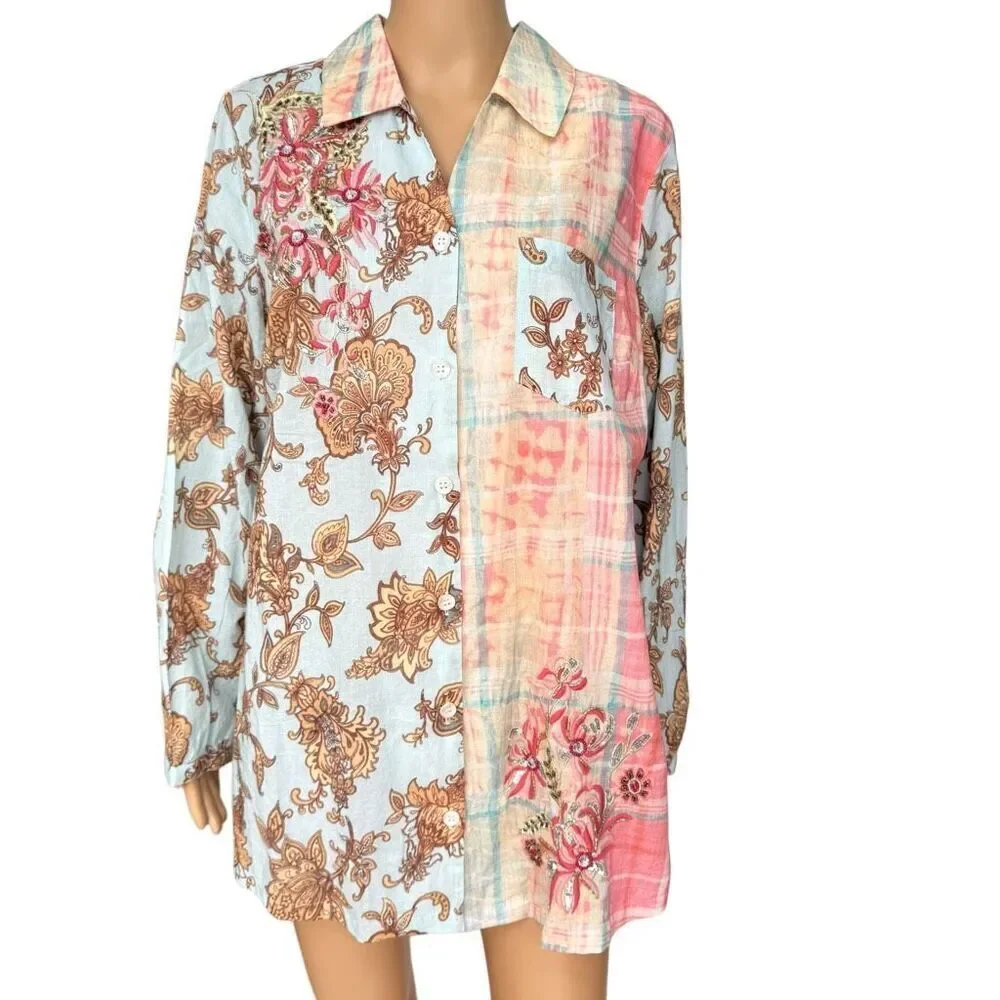 Soft Surroundings Multicolor embroidered embellished tunic blouse 100% cotton L